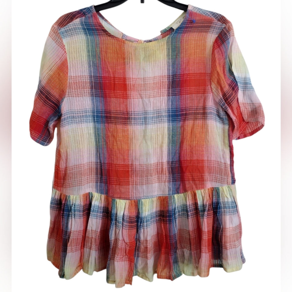 RD Style Plaid Multicolor Open Back Top With Ruffle Hem And Bows Size Small